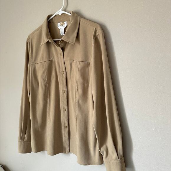 Talbots Stetch Faux Suede Shirt Womens LARGE Button Up Classic Fall Career Tan - Picture 5 of 12
